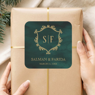 Emerald Green Gold Crest Monogram Wedding Favor Square Sticker