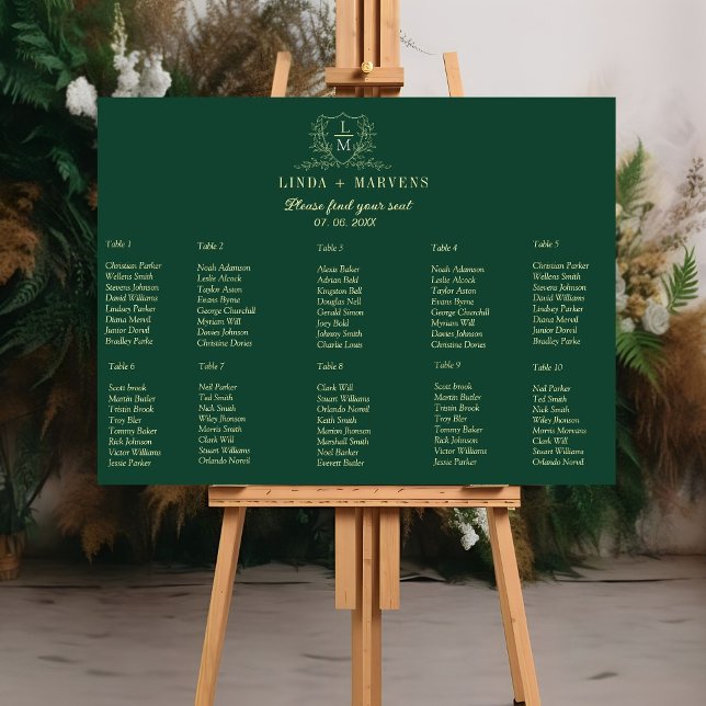 Emerald Green &Gold Crest Monogram wedding table Foam Board (Creator Uploaded)