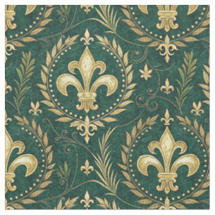 Emerald Green & Gold Crest Royal Damask Pattern Fabric
