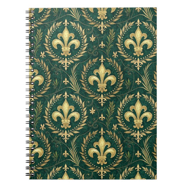 Emerald Green & Gold Crest Royal Damask Pattern Notebook (Front)