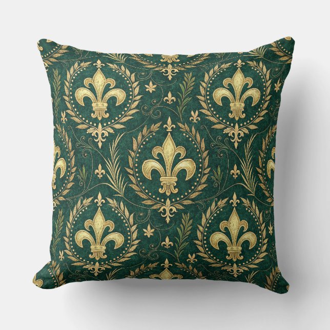 Emerald Green & Gold Crest Royal Damask Pattern Throw Pillow (Front)