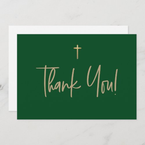 Emerald Green Gold Cross Boy name First communion Thank You Card