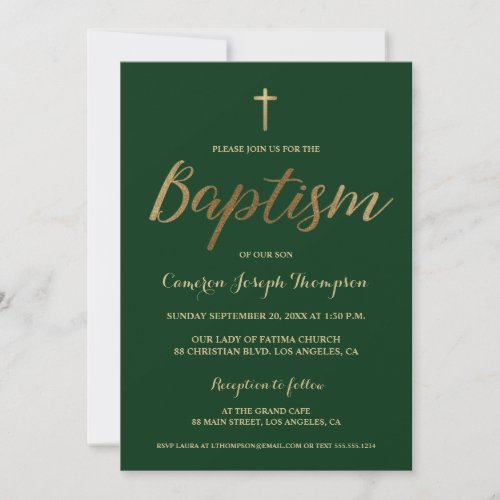 Emerald Green Gold Cross Custom Boy Baptism Invitation