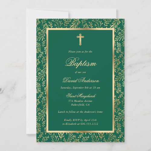 Emerald Green Gold Cross Script Greenery Baptism Invitation