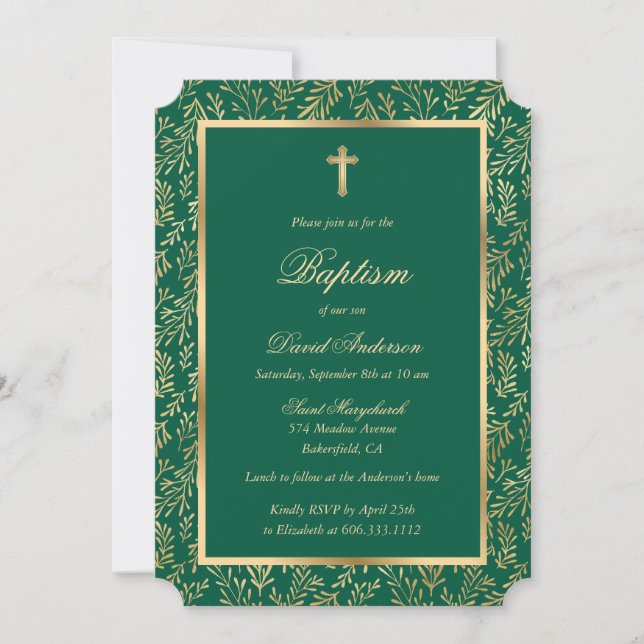 Emerald Green Gold Cross Script Greenery Baptism Invitation (Front)