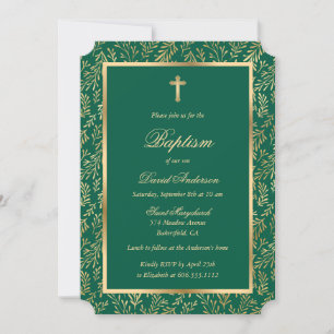 Emerald Green Gold Cross Script Greenery Baptism Invitation