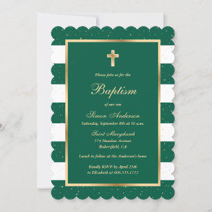 Emerald Green Gold Cross Striped Baptism Invitation
