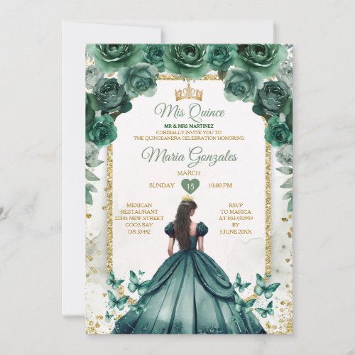 Emerald Green  Gold Crown Mis Quince Butterfly Invitation