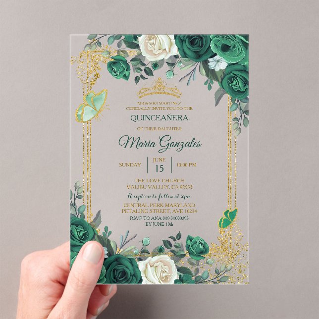 Emerald Green Gold Crown Quinceañera Butterfly Acrylic Invitations (Insitu (Handheld))
