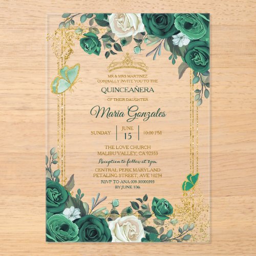 Emerald Green Gold Crown Quincea&#241;era Butterfly Acrylic Invitations