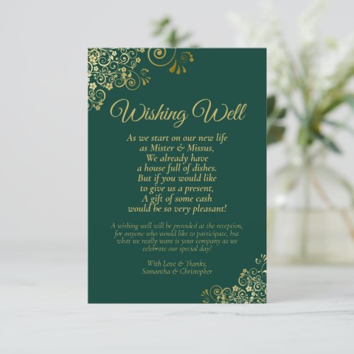 Emerald Green Gold Curls Wedding Wishing Well Poem Enclosure Card