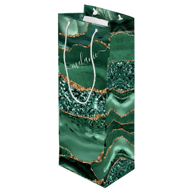 Emerald Green Gold Custom Name Wine Gift Bag (Back Angled)