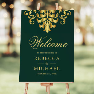Emerald Green Gold Damask Wedding Welcome Sign