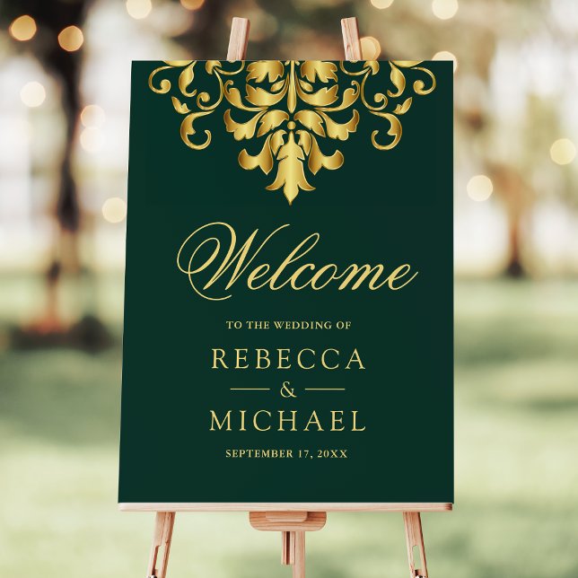 Emerald Green Gold Damask Wedding Welcome Sign (Creator Uploaded)
