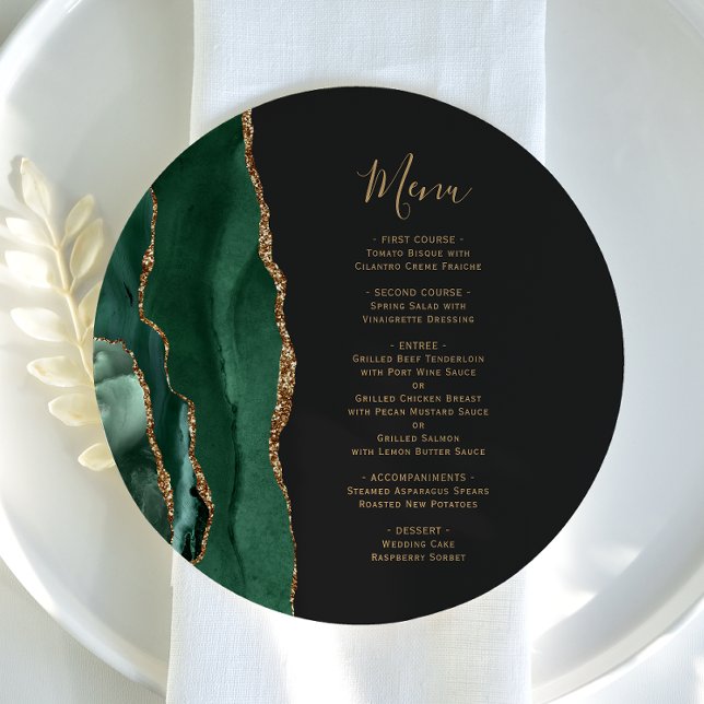 Emerald Green Gold Dark Round Plate Wedding Menu (Creator Uploaded)