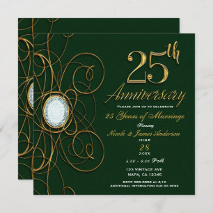Emerald Green & Gold Diamond 25 25th Anniversary Invitation
