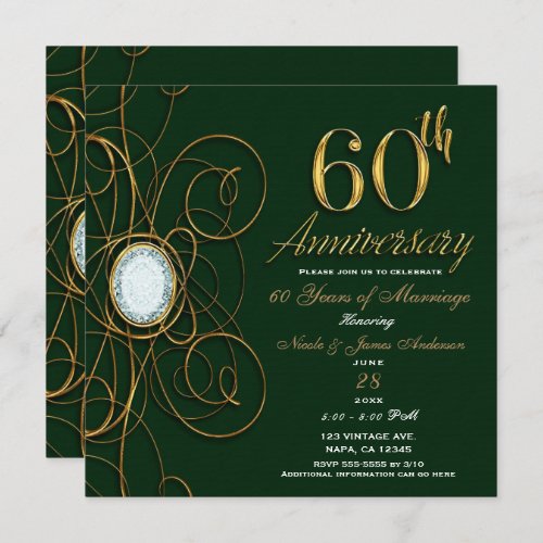 Emerald Green  Gold Diamond 60 60th Anniversary Invitation