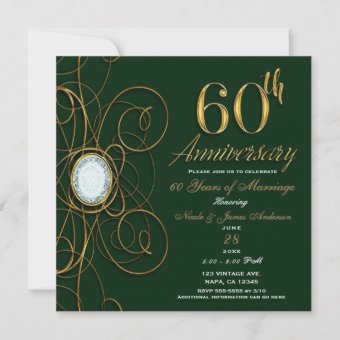 Emerald Green & Gold Diamond 60 60th Anniversary Invitation | Zazzle