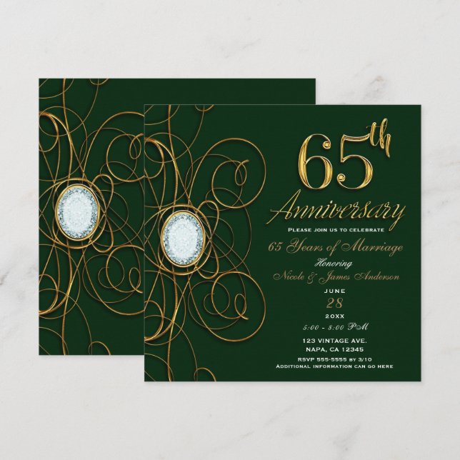Emerald Green & Gold Diamond 65 65th Anniversary Invitation (Front/Back)