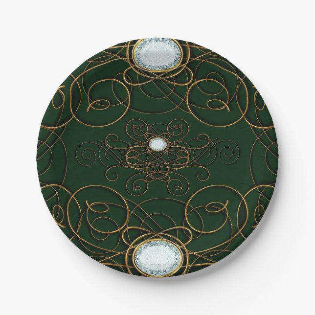 Emerald Green & Gold Diamond Anniversary Party Paper Plates (Front)