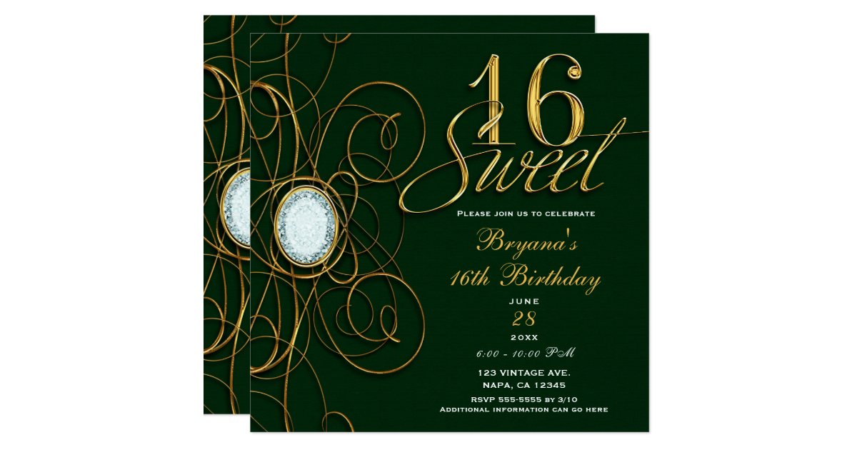 Emerald Green & Gold Diamond Sweet 16 Birthday Invitation | Zazzle.com