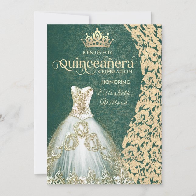 Emerald green gold dress damask tiara Quinceañera  Invitation (Front)