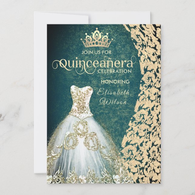 Emerald green gold dress damask tiara Quinceañera  Invitation (Front)
