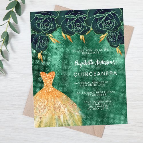 Emerald green gold dress floral budget Quinceanera