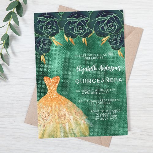 Emerald green gold dress floral Quinceanera Invitation