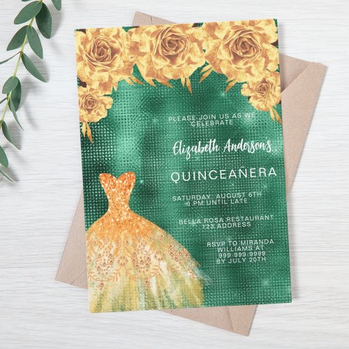 Emerald green gold dress floral Quinceanera luxury Invitation