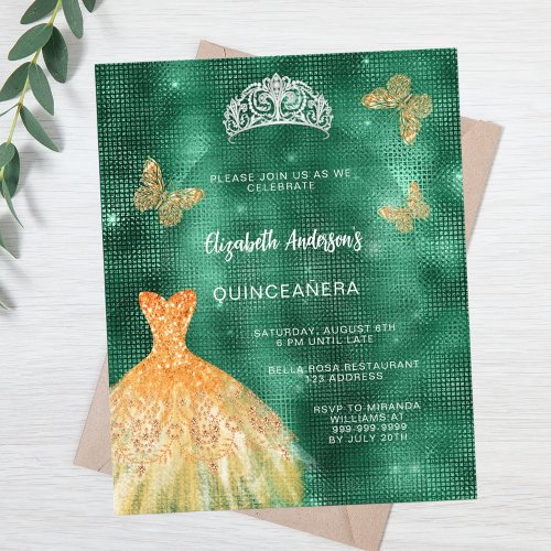 Emerald green gold dress tiara budget Quinceanera