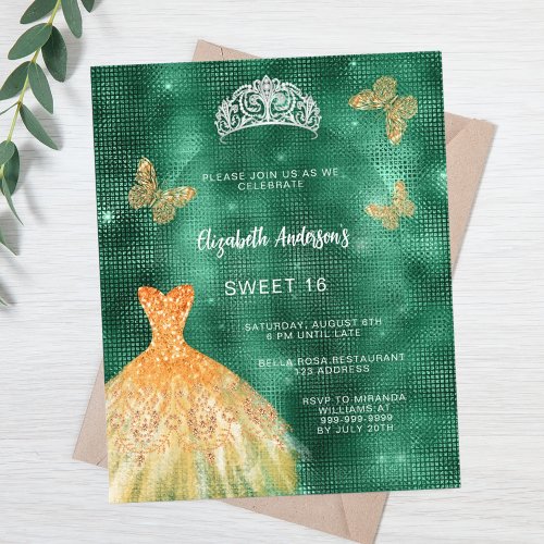 Emerald green gold dress tiara budget Sweet 16