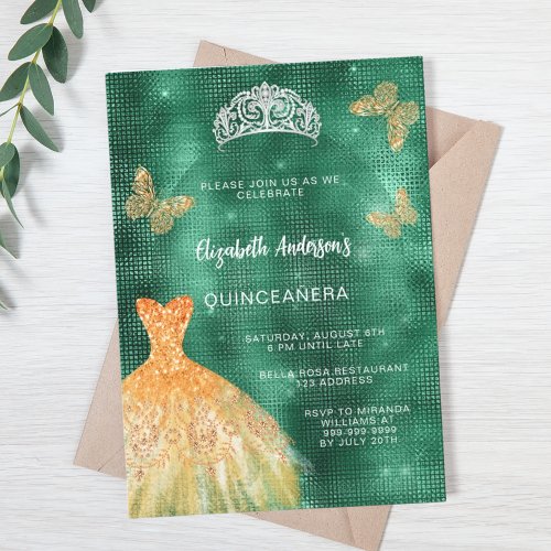 Emerald green gold dress tiara luxury Quinceanera Invitation