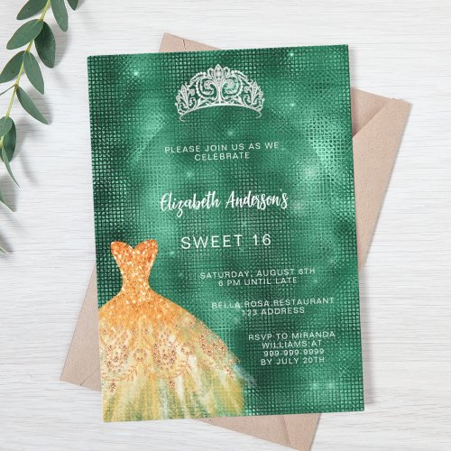 Emerald green gold dress tiara luxury Sweet 16 Invitation