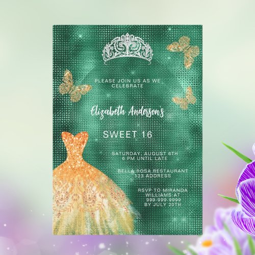 Emerald green gold dress tiara luxury Sweet 16 Invitation