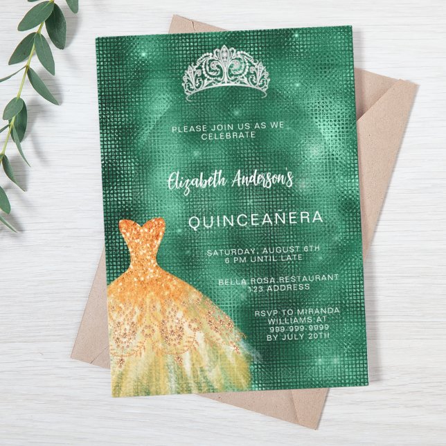 Emerald green gold dress tiara Quinceanera Invitation (Creator Uploaded)