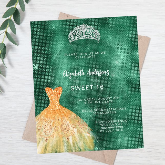 Emerald green gold dress tiara Sweet 16 invitation (Creator Uploaded)