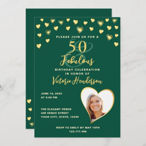 Emerald Green  Gold Elegant 50th Birthday Invitation