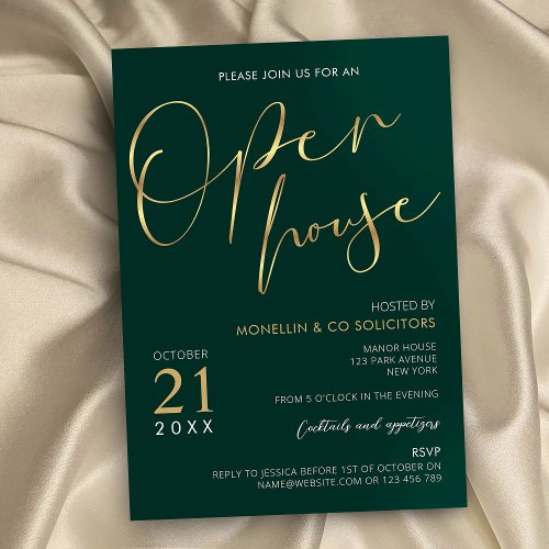 Emerald Green  Gold Elegant Business Open House Invitation