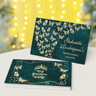 Emerald Green Gold Elegant Butterfly Quinceañera Foil Guest Book