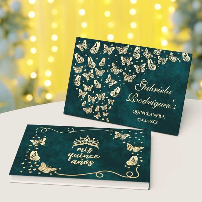 Emerald Green Gold Elegant Butterfly Quinceañera Foil Guest Book (Emerald Green Gold Elegant Butterfly Quinceañera Foil Guest Book)