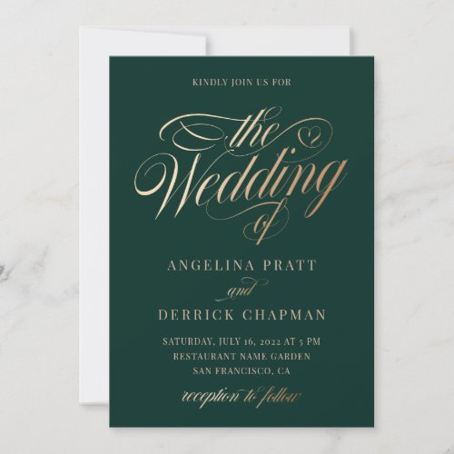 Emerald Green Gold Elegant Calligraphy Wedding  In Invitation