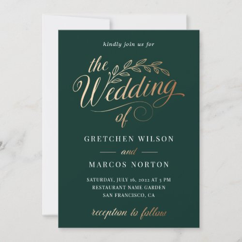 Emerald Green Gold Elegant Calligraphy Wedding  Invitation