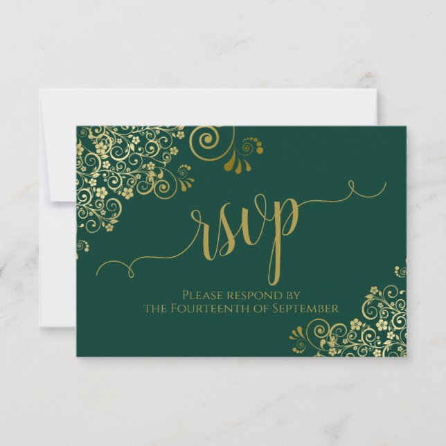 Emerald Green & Gold Elegant Calligraphy Wedding RSVP Card (Front)