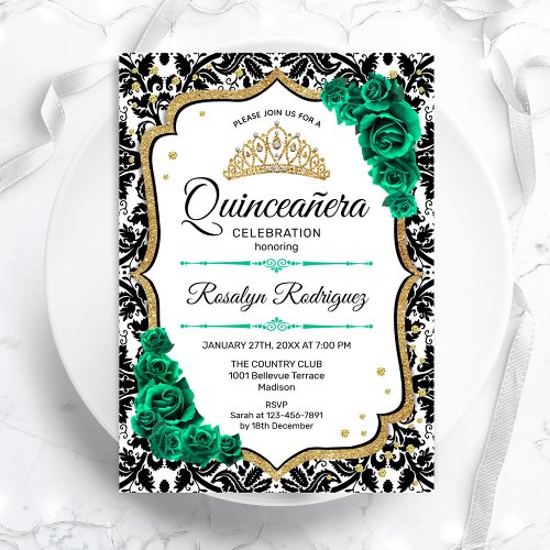 Emerald Green Gold Elegant Damask Quinceanera Invitation