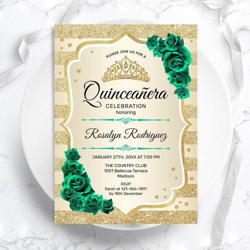 Emerald Green Gold Elegant Floral Quinceanera Invitation