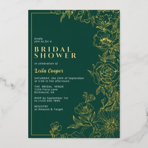Emerald Green  Gold Elegant Garden Bridal Shower Foil Invitation
