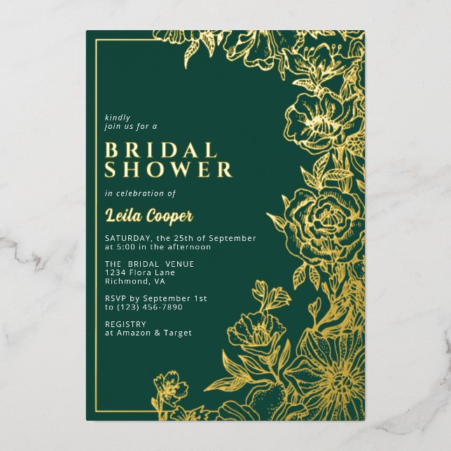 Emerald Green + Gold Elegant Garden Bridal Shower Foil Invitation (Front)