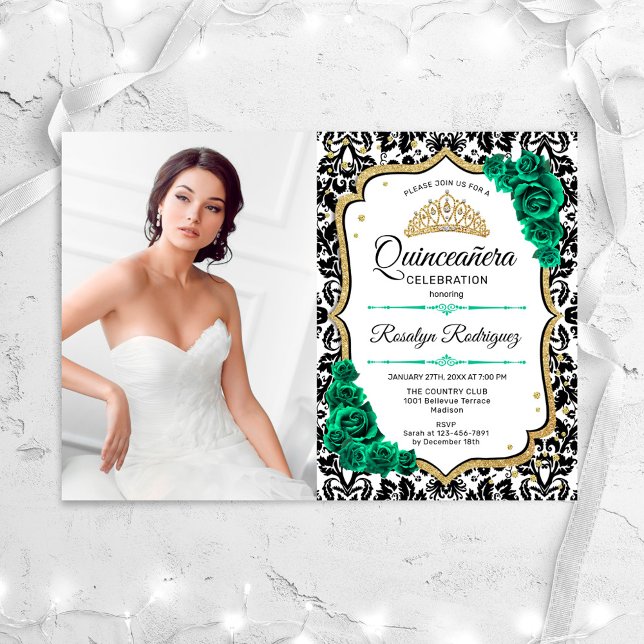 Emerald Green Gold Elegant Photo Quinceanera Invitation (Creator Uploaded)