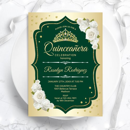 Emerald Green Gold Elegant Quinceanera Invitation